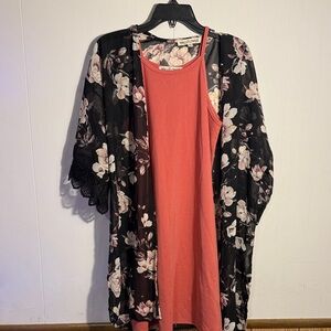 Floral Kimono and Coral Dress Set
